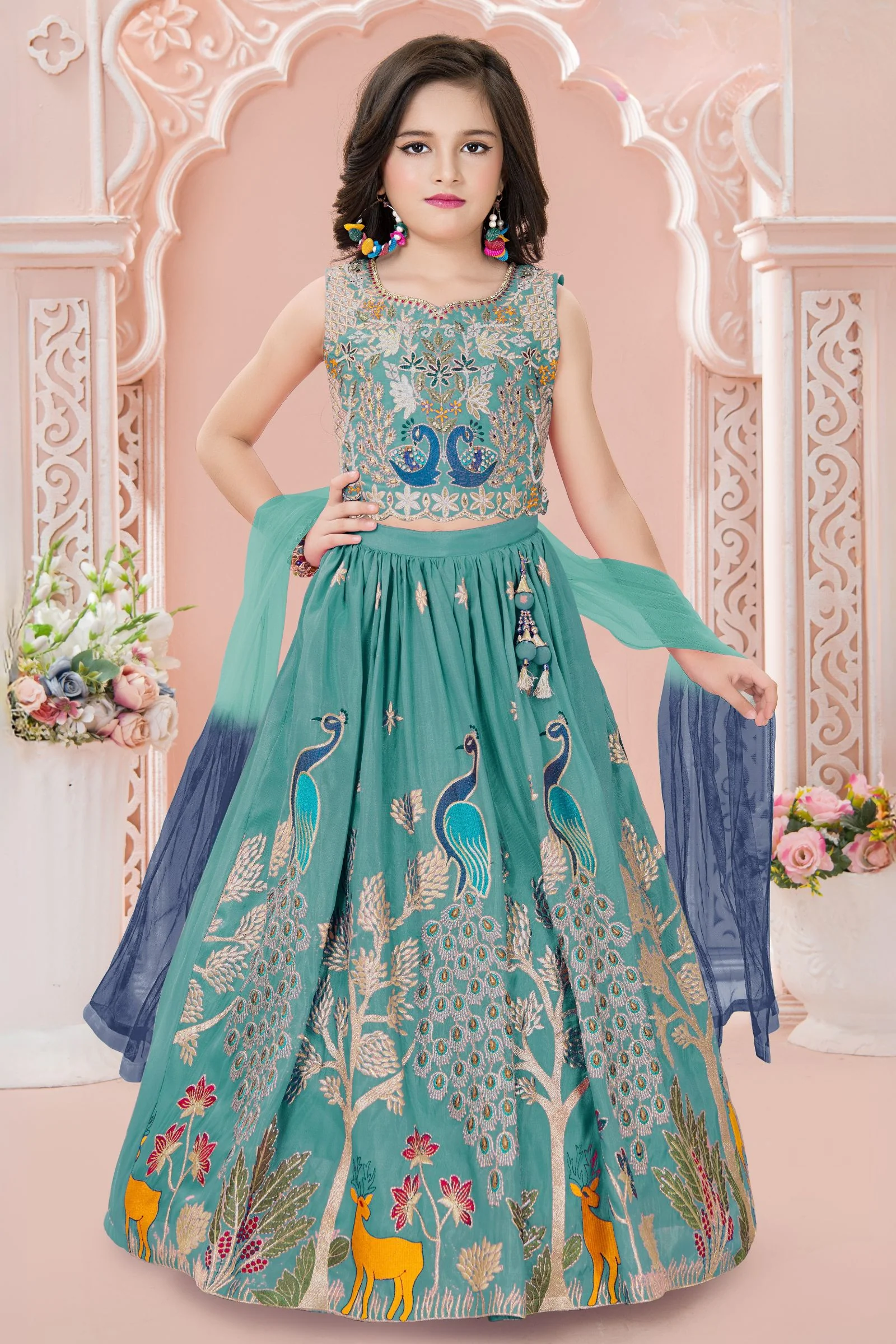 Rama Blue Multicolor Embroidery, Sequins, Zari, Beads and Stone work Lehenga Choli